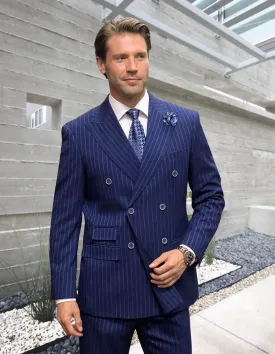 2Pc Pinstripe Double Breasted Suit. Super 200\'S Italian Wool And Cashmere. Modern Fit Flat Front Pants| KELLY| Navy