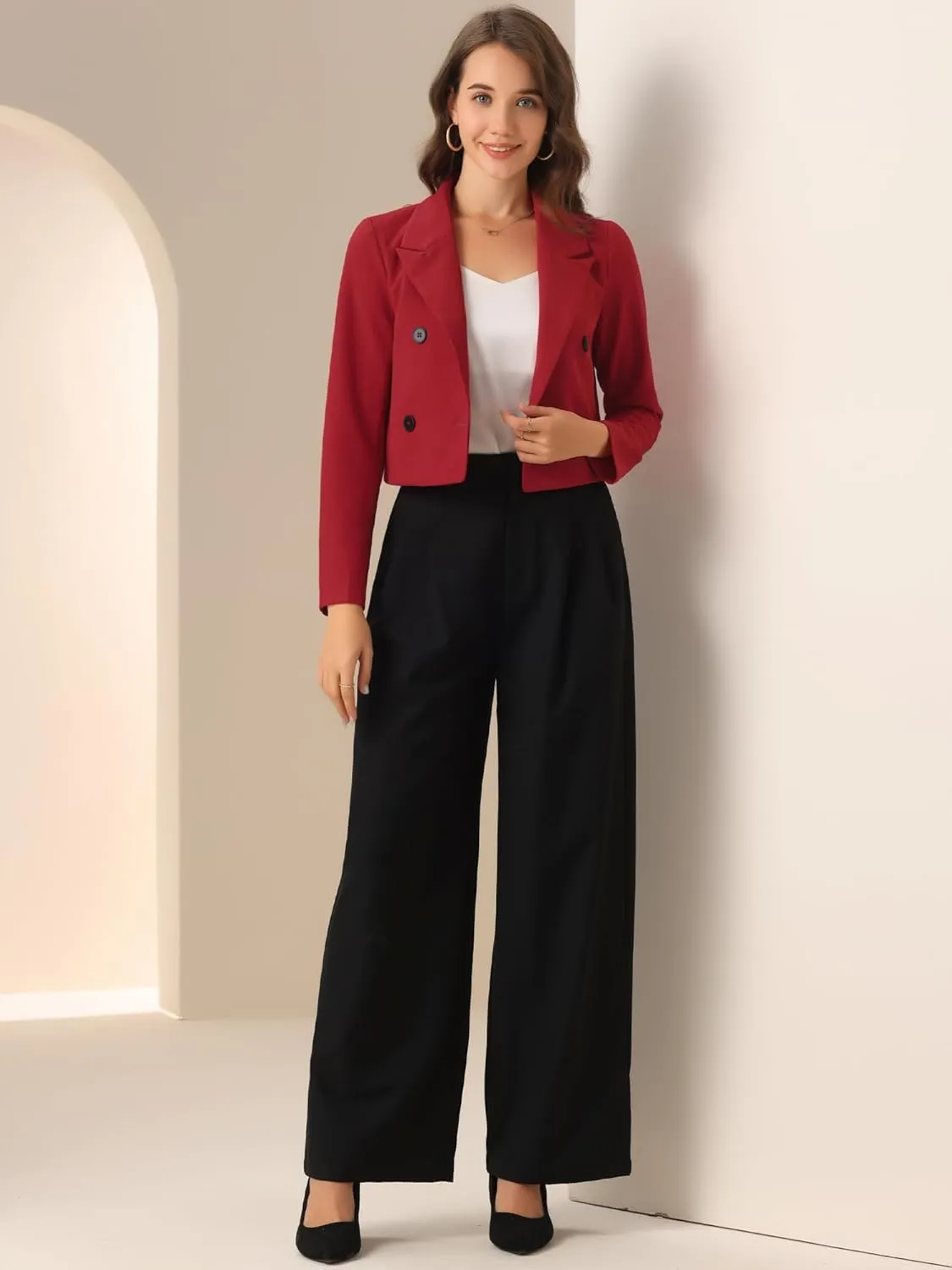 Allegra K Business Casual Cropped Blazer for Women's 2025 Trendy Double Breasted Long Sleeve Short Jacket