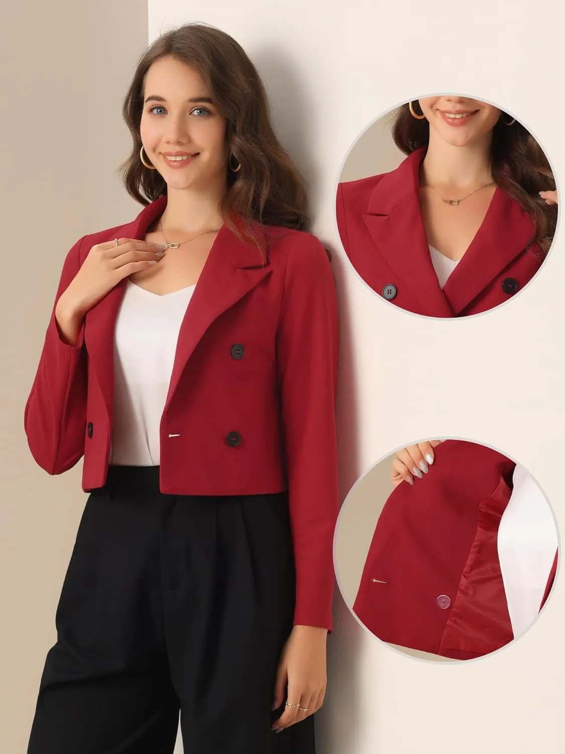 Allegra K Business Casual Cropped Blazer for Women's 2025 Trendy Double Breasted Long Sleeve Short Jacket