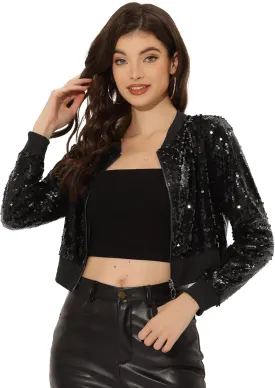Allegra K Women Sequin Jackets 2025 Party Club Sparkly Cropped Bomber Jacket Disco Outfit