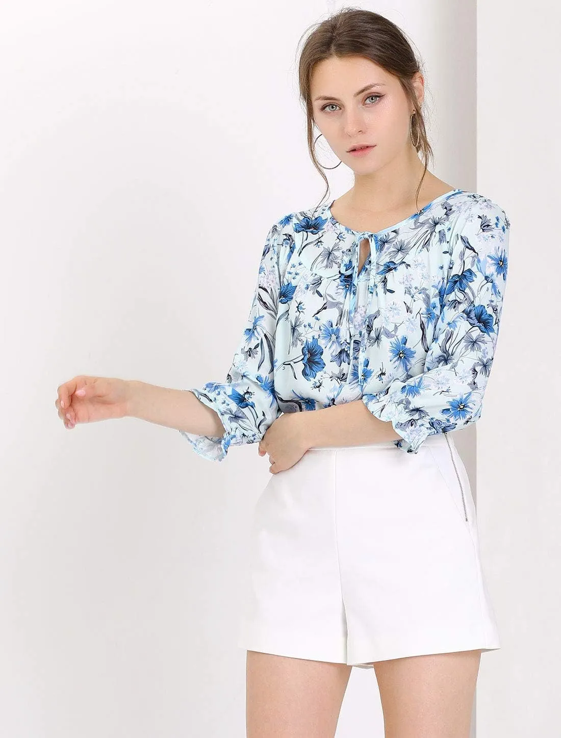 Allegra K Women's Bow Tops Vintage Tie Neck 3/4 Sleeve Floral Blouse