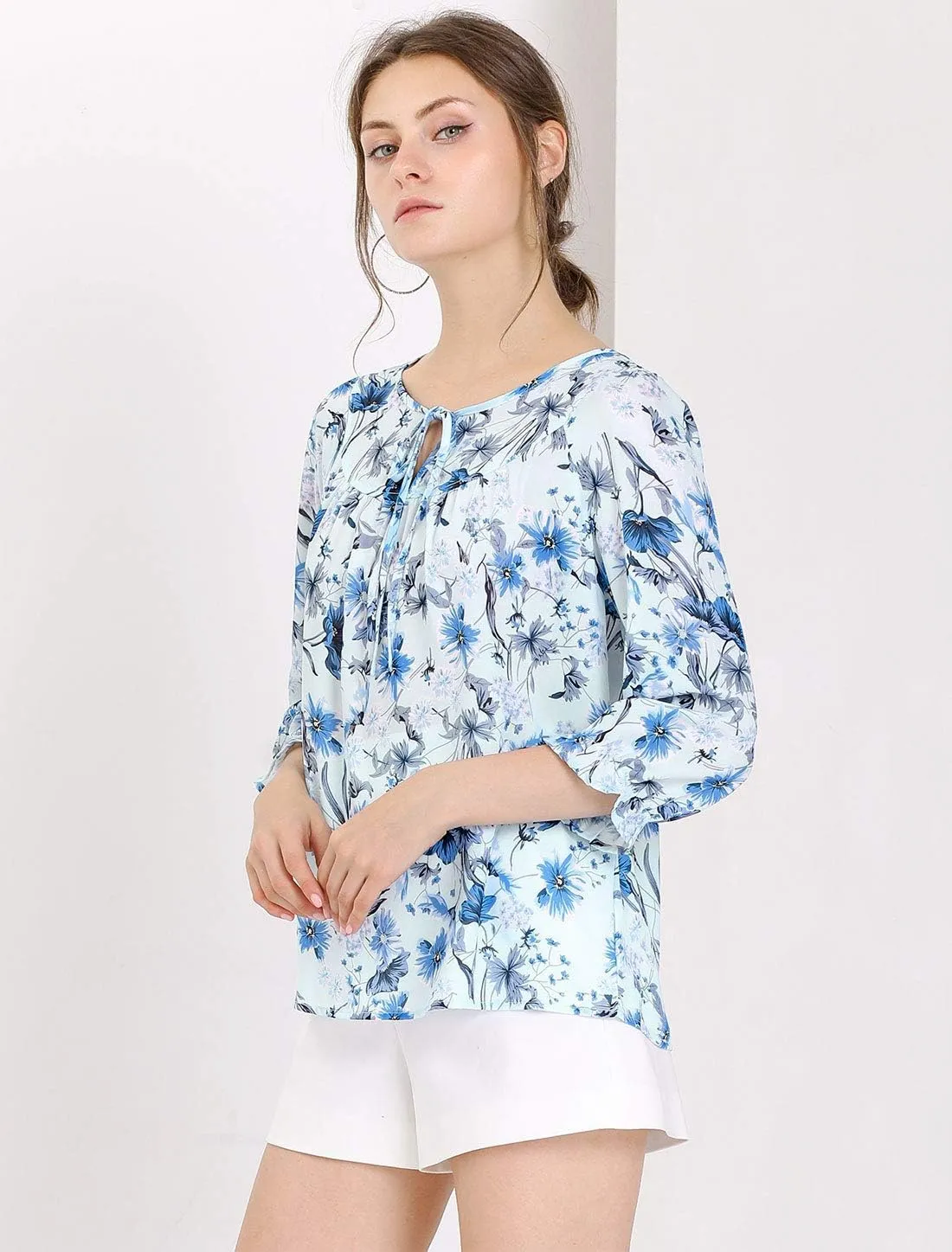 Allegra K Women's Bow Tops Vintage Tie Neck 3/4 Sleeve Floral Blouse