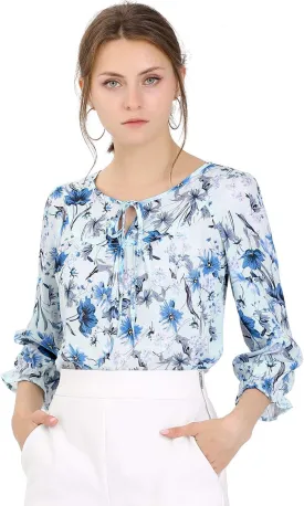 Allegra K Women's Bow Tops Vintage Tie Neck 3/4 Sleeve Floral Blouse