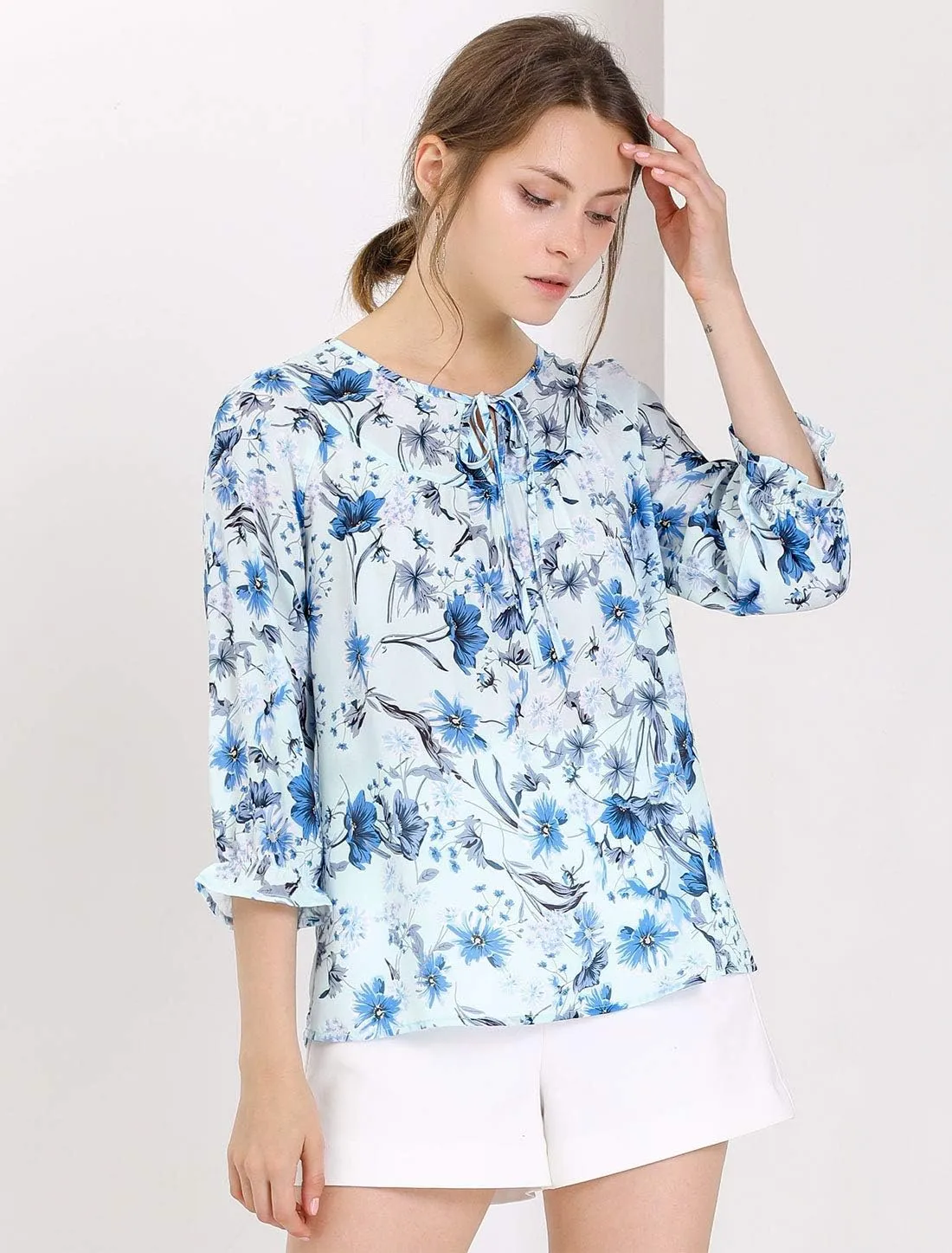 Allegra K Women's Bow Tops Vintage Tie Neck 3/4 Sleeve Floral Blouse