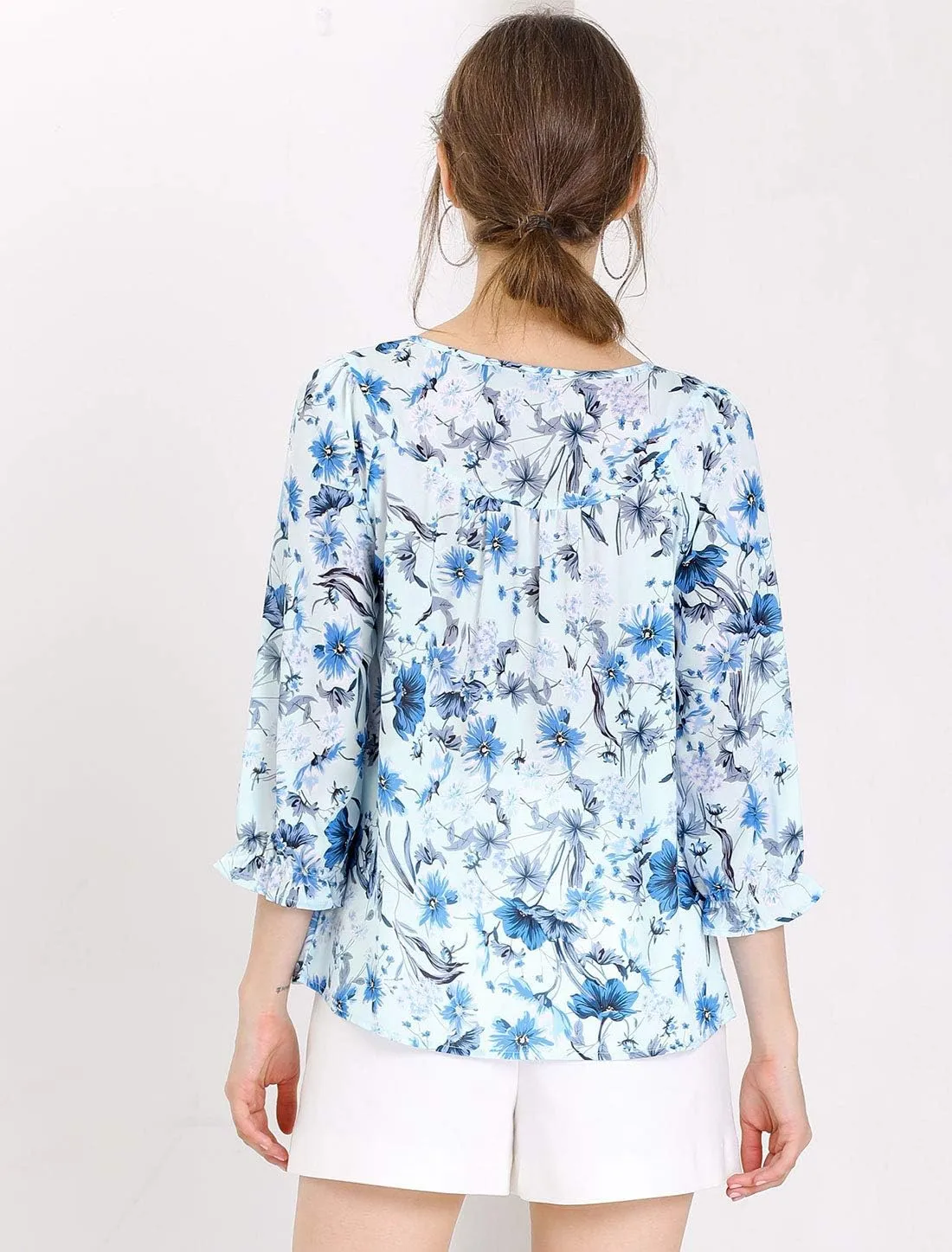 Allegra K Women's Bow Tops Vintage Tie Neck 3/4 Sleeve Floral Blouse