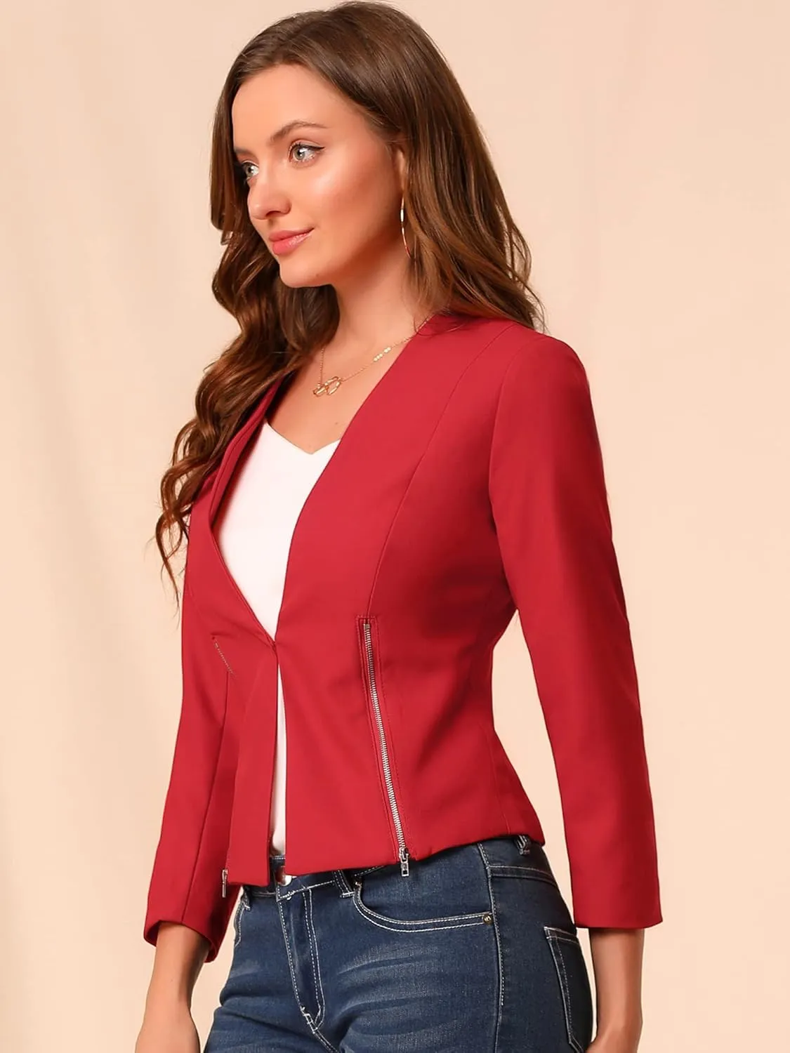 Allegra K Women's Crop Collarless Blazers Suit Zip Decor Work Office Jackets Blazer