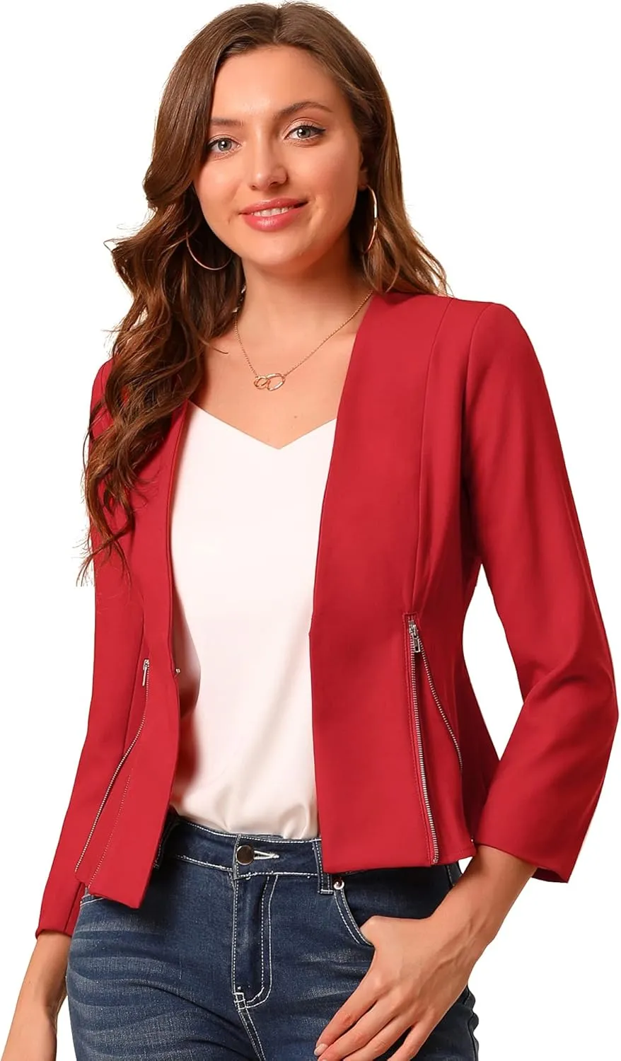 Allegra K Women's Crop Collarless Blazers Suit Zip Decor Work Office Jackets Blazer