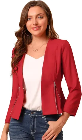 Allegra K Women's Crop Collarless Blazers Suit Zip Decor Work Office Jackets Blazer