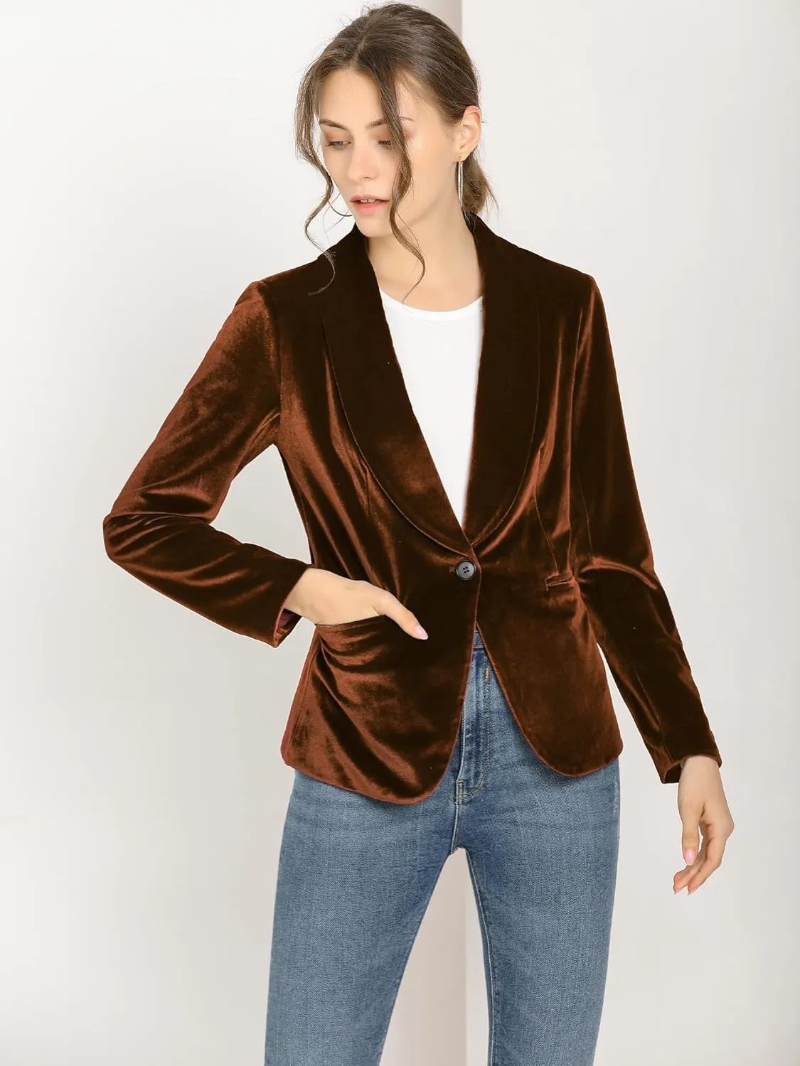 Allegra K Women's Halloween Christmas Office Coat Solid Shawl Collar 1 Button Velvet Blazer