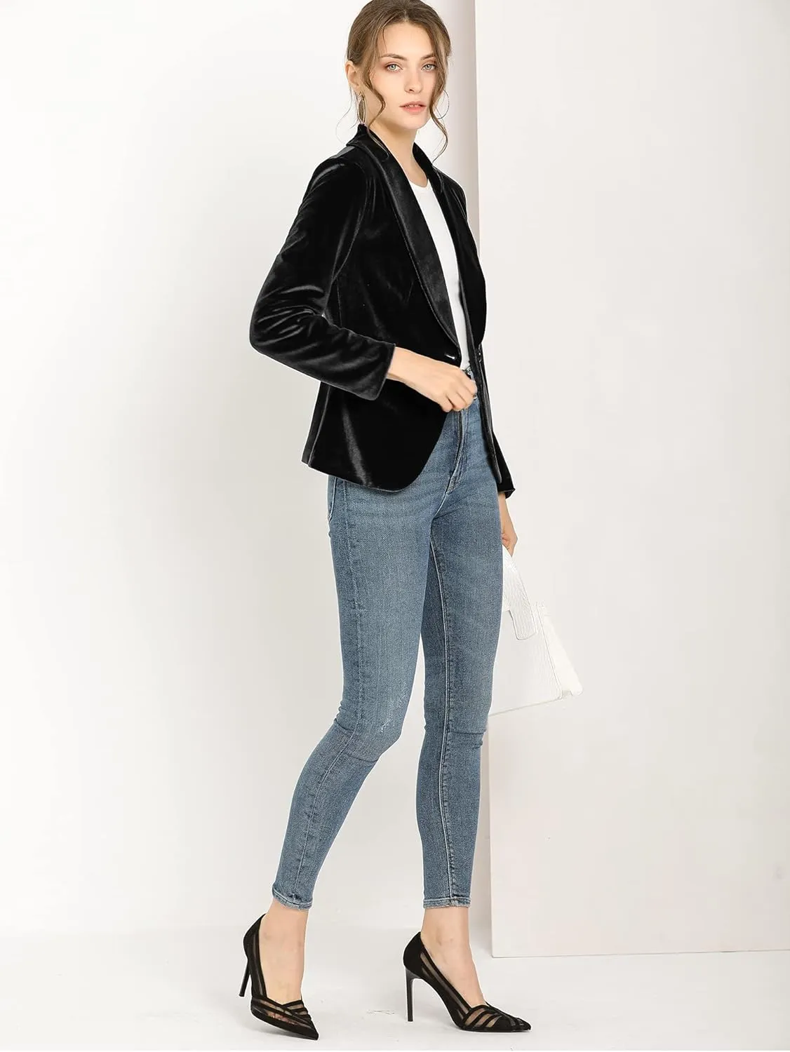 Allegra K Women's Halloween Christmas Office Coat Solid Shawl Collar 1 Button Velvet Blazer
