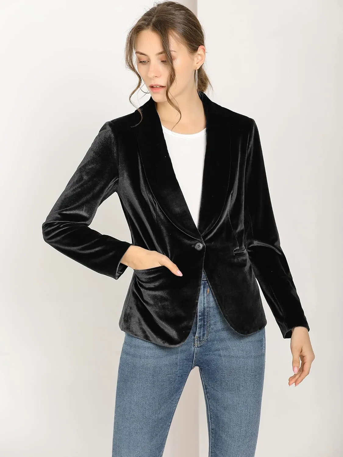 Allegra K Women's Halloween Christmas Office Coat Solid Shawl Collar 1 Button Velvet Blazer
