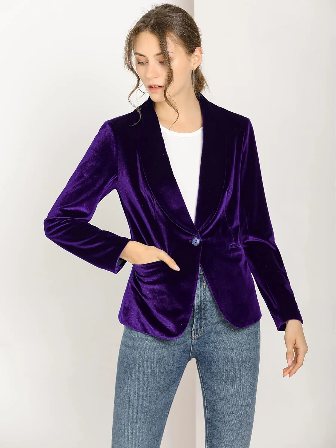 Allegra K Women's Halloween Christmas Office Coat Solid Shawl Collar 1 Button Velvet Blazer