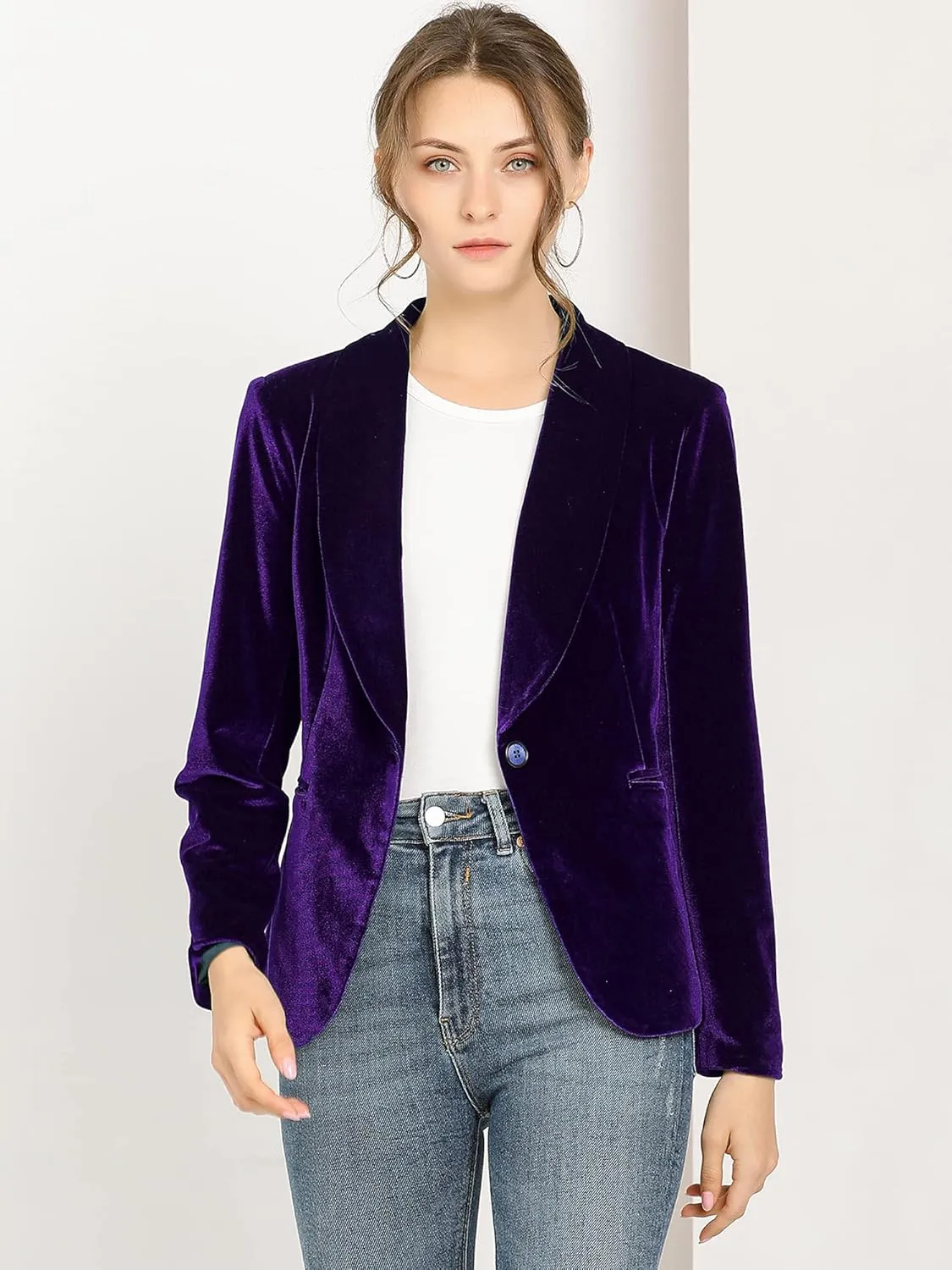 Allegra K Women's Halloween Christmas Office Coat Solid Shawl Collar 1 Button Velvet Blazer