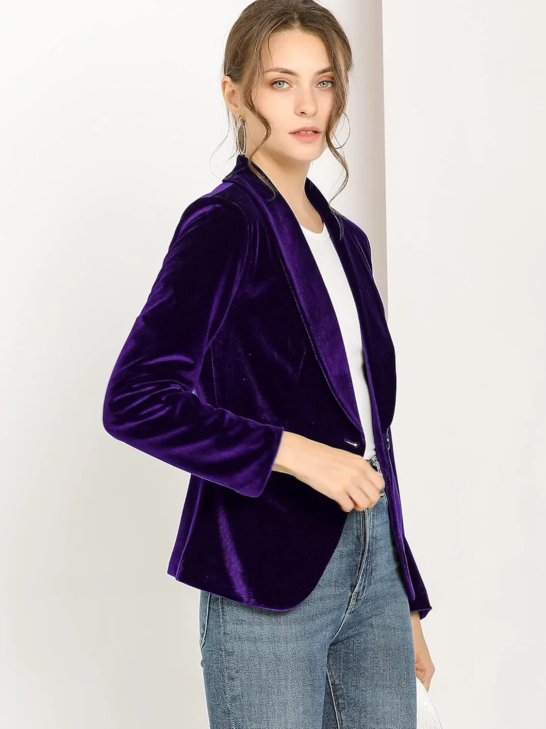 Allegra K Women's Halloween Christmas Office Coat Solid Shawl Collar 1 Button Velvet Blazer