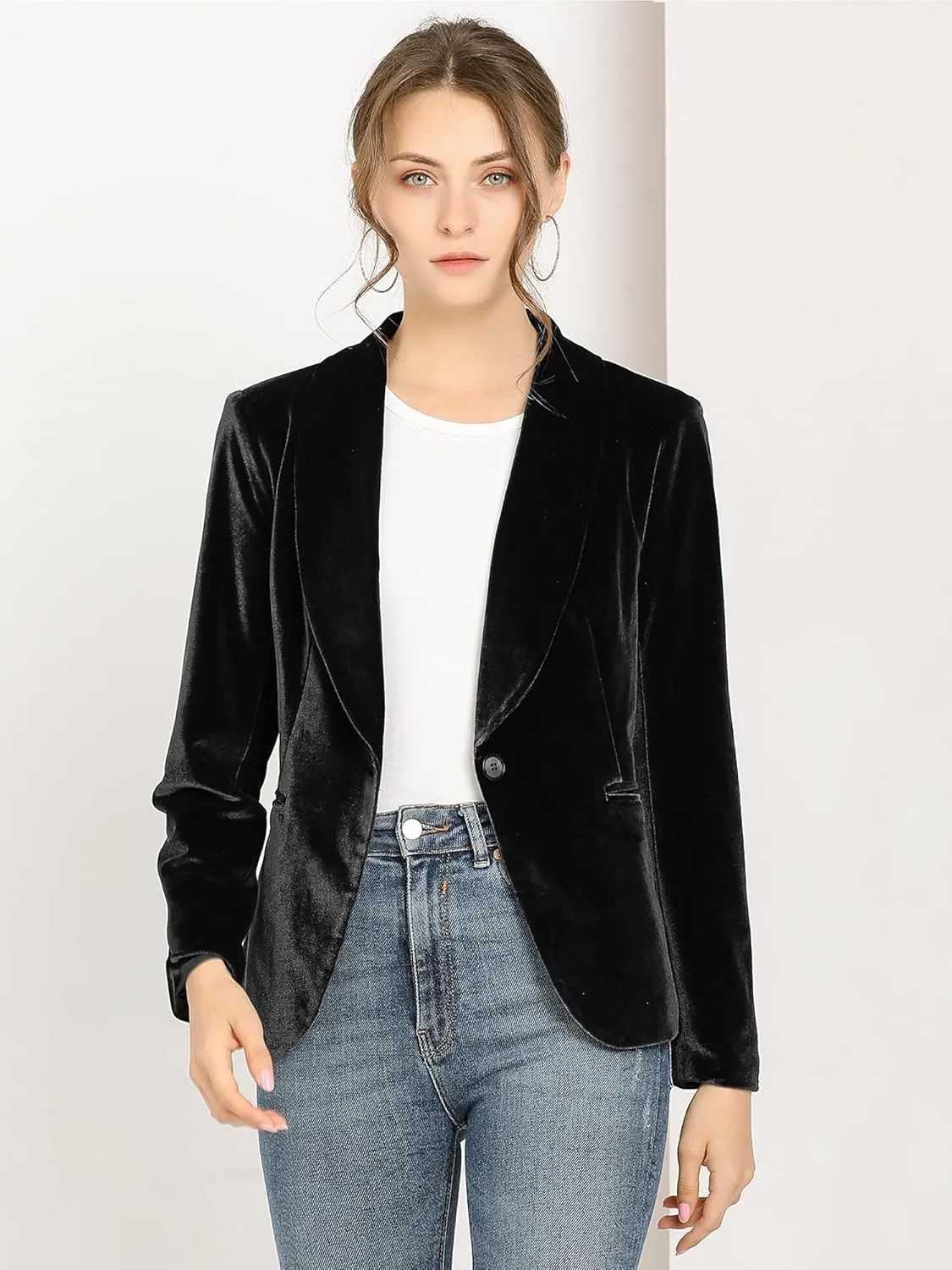 Allegra K Women's Halloween Christmas Office Coat Solid Shawl Collar 1 Button Velvet Blazer