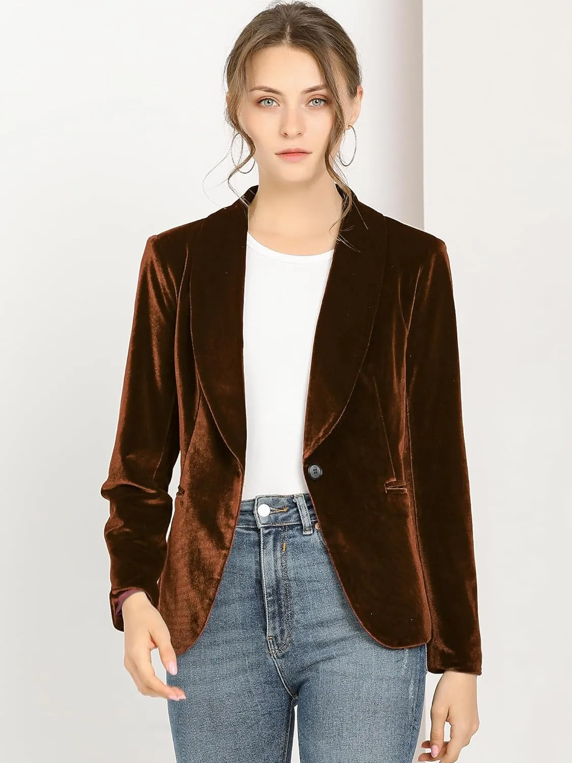 Allegra K Women's Halloween Christmas Office Coat Solid Shawl Collar 1 Button Velvet Blazer