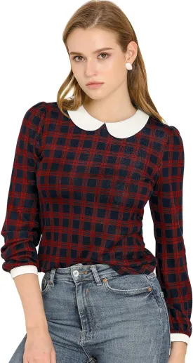 Allegra K Women's Peter Pan Collar Contrast Puff Sleeve Christmas Xmas Party Shirt Blouse