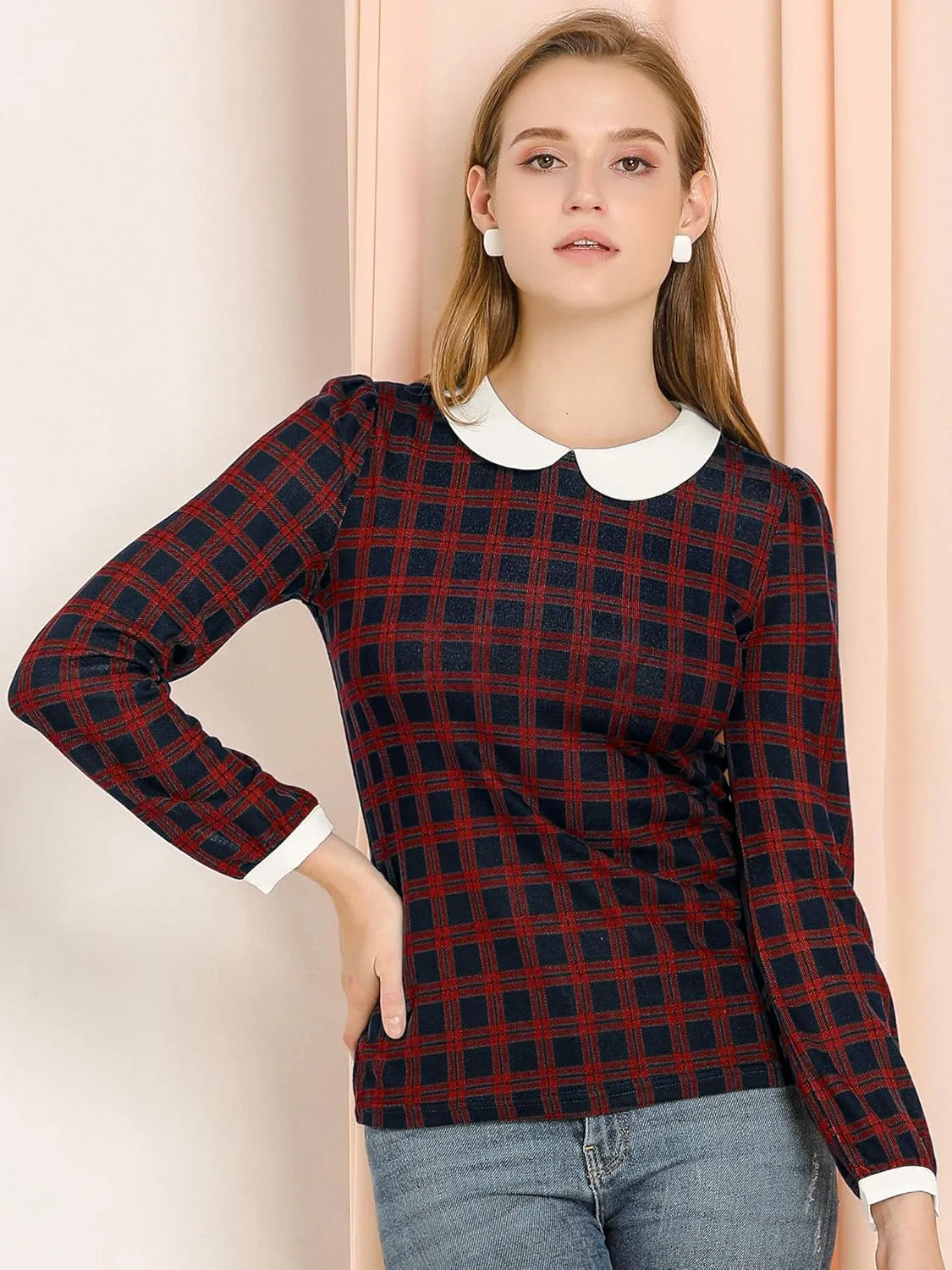 Allegra K Women's Peter Pan Collar Contrast Puff Sleeve Christmas Xmas Party Shirt Blouse
