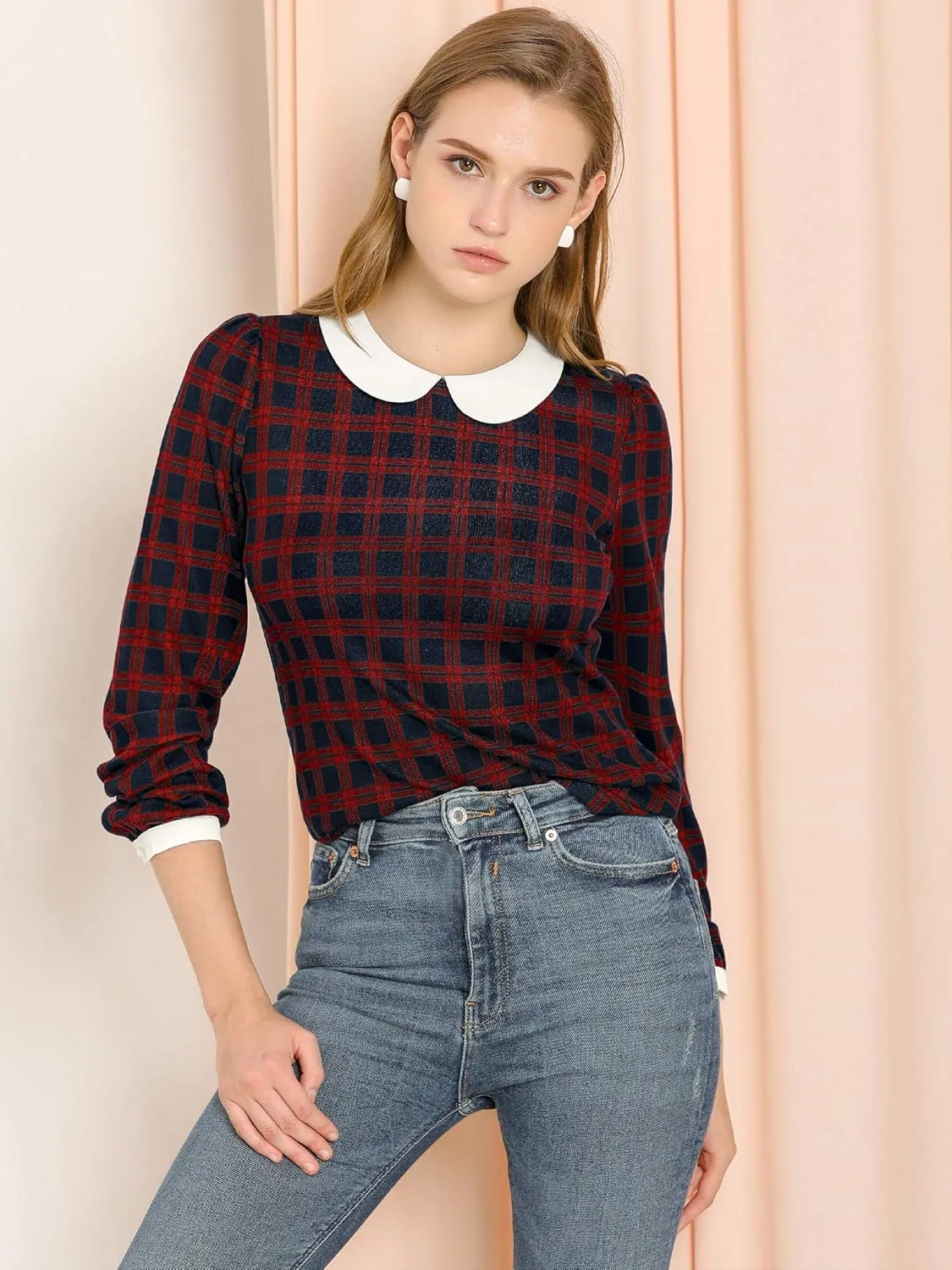 Allegra K Women's Peter Pan Collar Contrast Puff Sleeve Christmas Xmas Party Shirt Blouse