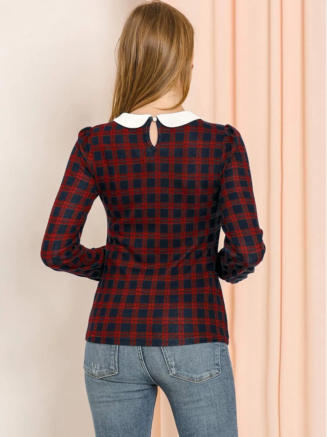 Allegra K Women's Peter Pan Collar Contrast Puff Sleeve Christmas Xmas Party Shirt Blouse