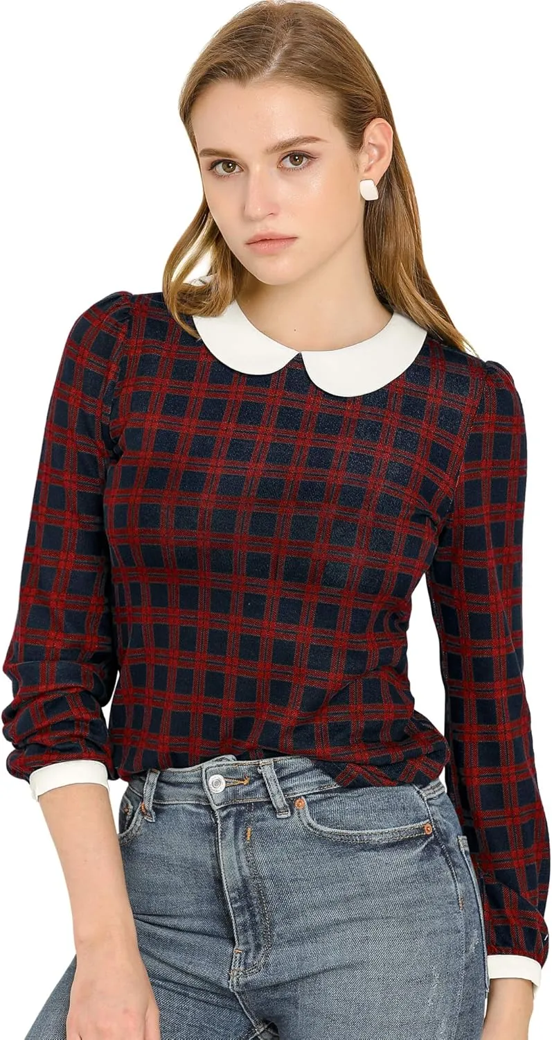 Allegra K Women's Peter Pan Collar Contrast Puff Sleeve Christmas Xmas Party Shirt Blouse