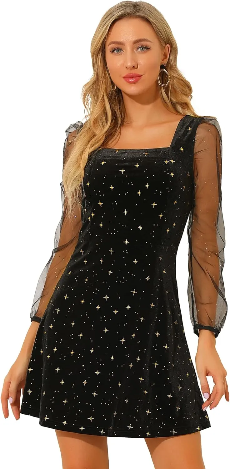 Allegra K Women's Sparkly Glitter Velvet Mesh Sheer Sleeve Star Metallic Dress