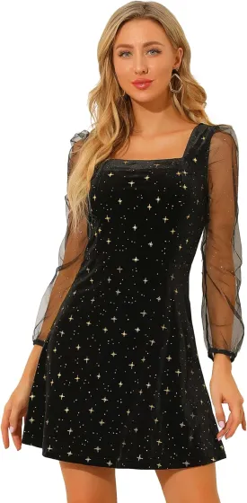 Allegra K Women's Sparkly Glitter Velvet Mesh Sheer Sleeve Star Metallic Dress