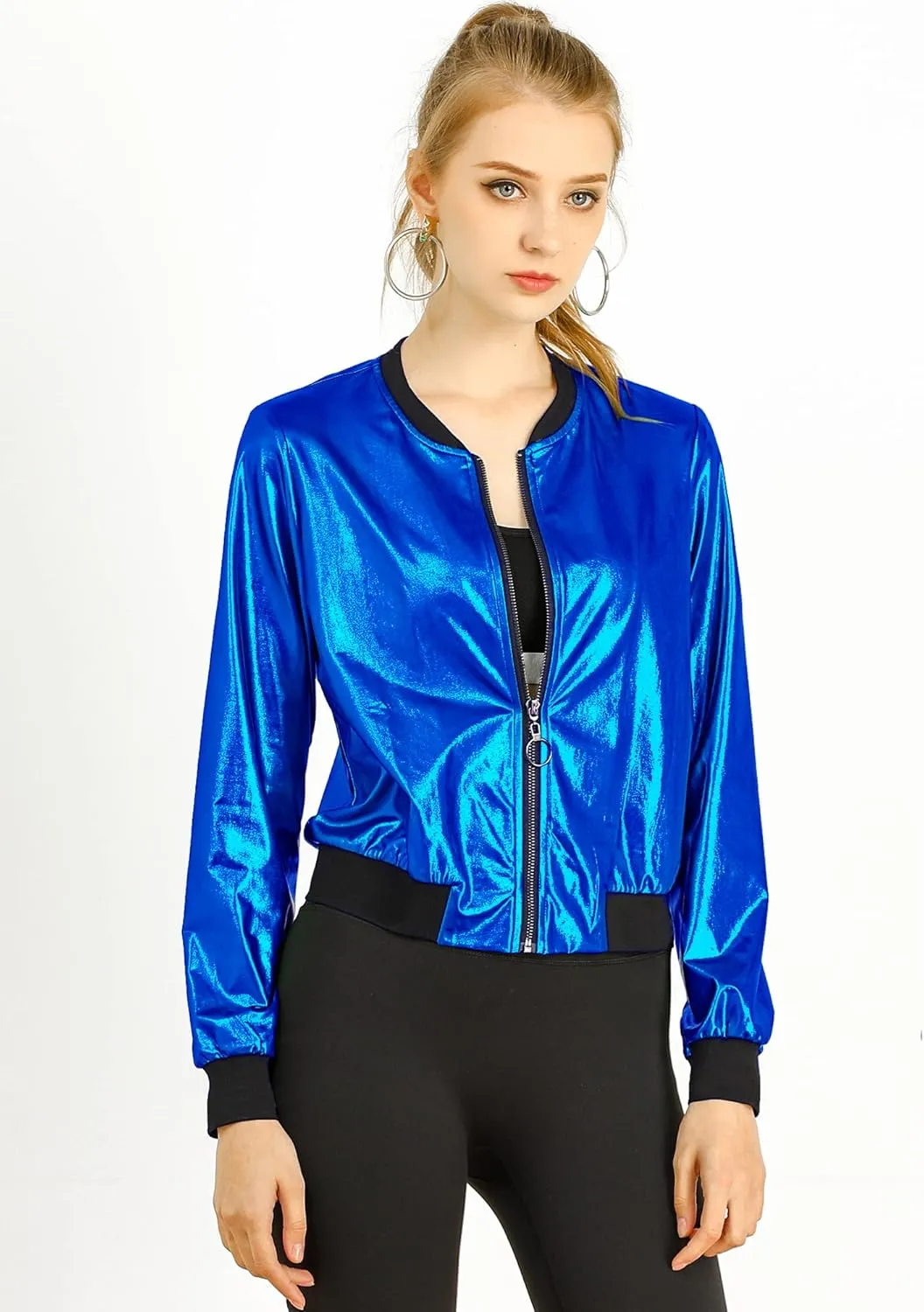 Allegra K Women's St. Patrick's Day Sparkly Holographic Lightweight 90S Shiny Metallic Bomber Jacket