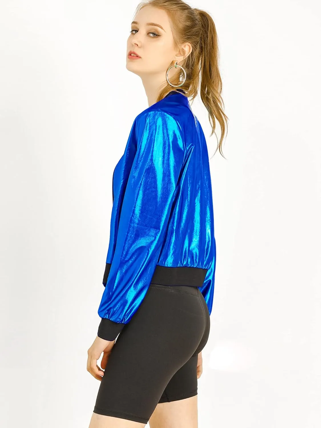 Allegra K Women's St. Patrick's Day Sparkly Holographic Lightweight 90S Shiny Metallic Bomber Jacket