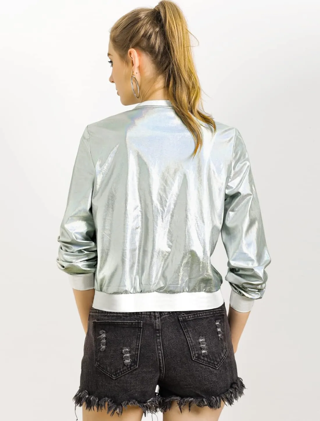 Allegra K Women's St. Patrick's Day Sparkly Holographic Lightweight 90S Shiny Metallic Bomber Jacket