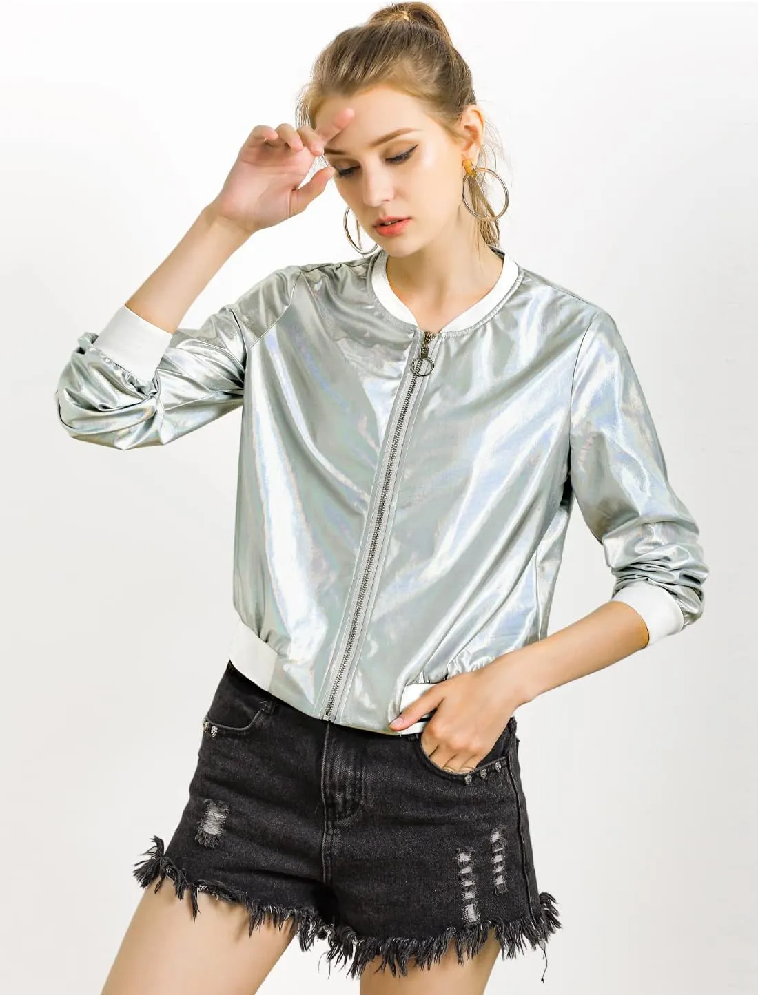 Allegra K Women's St. Patrick's Day Sparkly Holographic Lightweight 90S Shiny Metallic Bomber Jacket