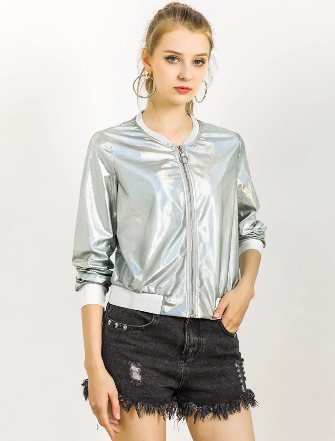 Allegra K Women's St. Patrick's Day Sparkly Holographic Lightweight 90S Shiny Metallic Bomber Jacket