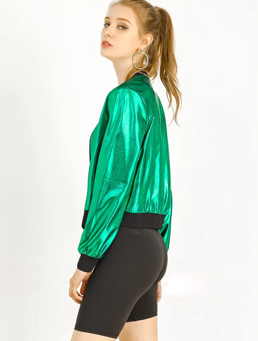 Allegra K Women's St. Patrick's Day Sparkly Holographic Lightweight 90S Shiny Metallic Bomber Jacket