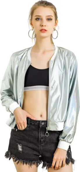 Allegra K Women's St. Patrick's Day Sparkly Holographic Lightweight 90S Shiny Metallic Bomber Jacket