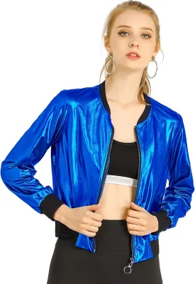 Allegra K Women's St. Patrick's Day Sparkly Holographic Lightweight 90S Shiny Metallic Bomber Jacket