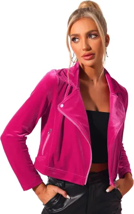 Allegra K Women's Velvet Lapel Collar Zip Up Coat Crop Moto Biker Jacket Winter Fall 2025