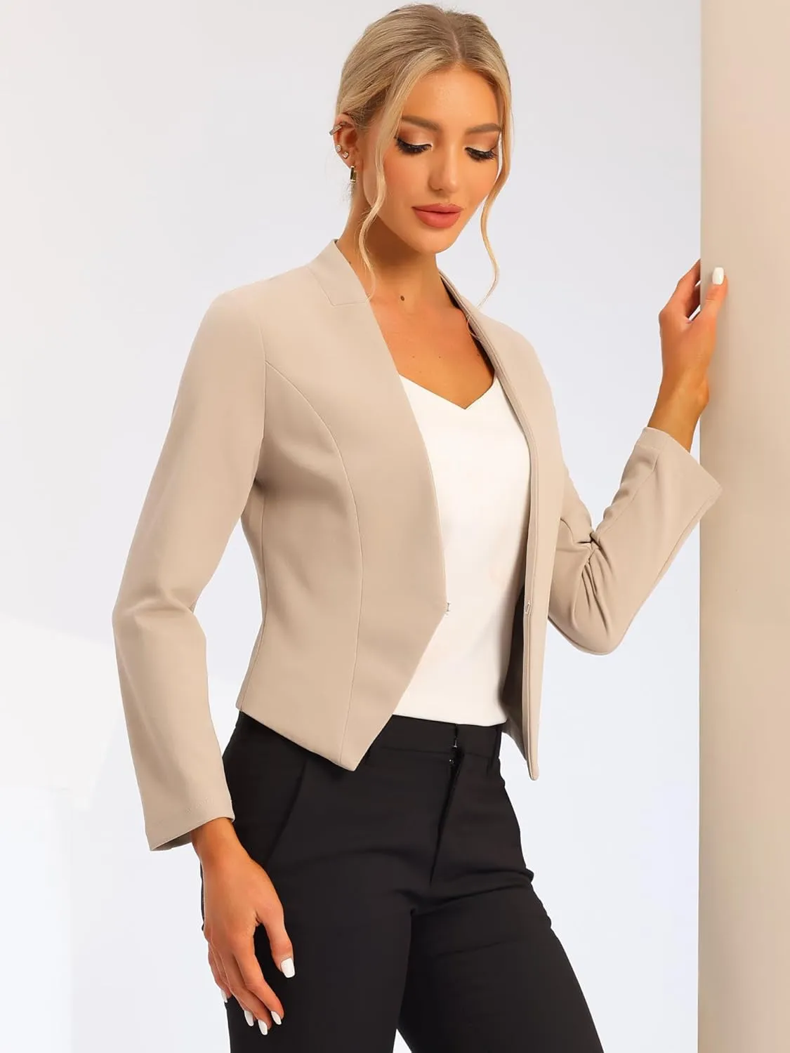 Allegra K Women's Work Office Suit Collarless Casual Cropped Blazer Jacket
