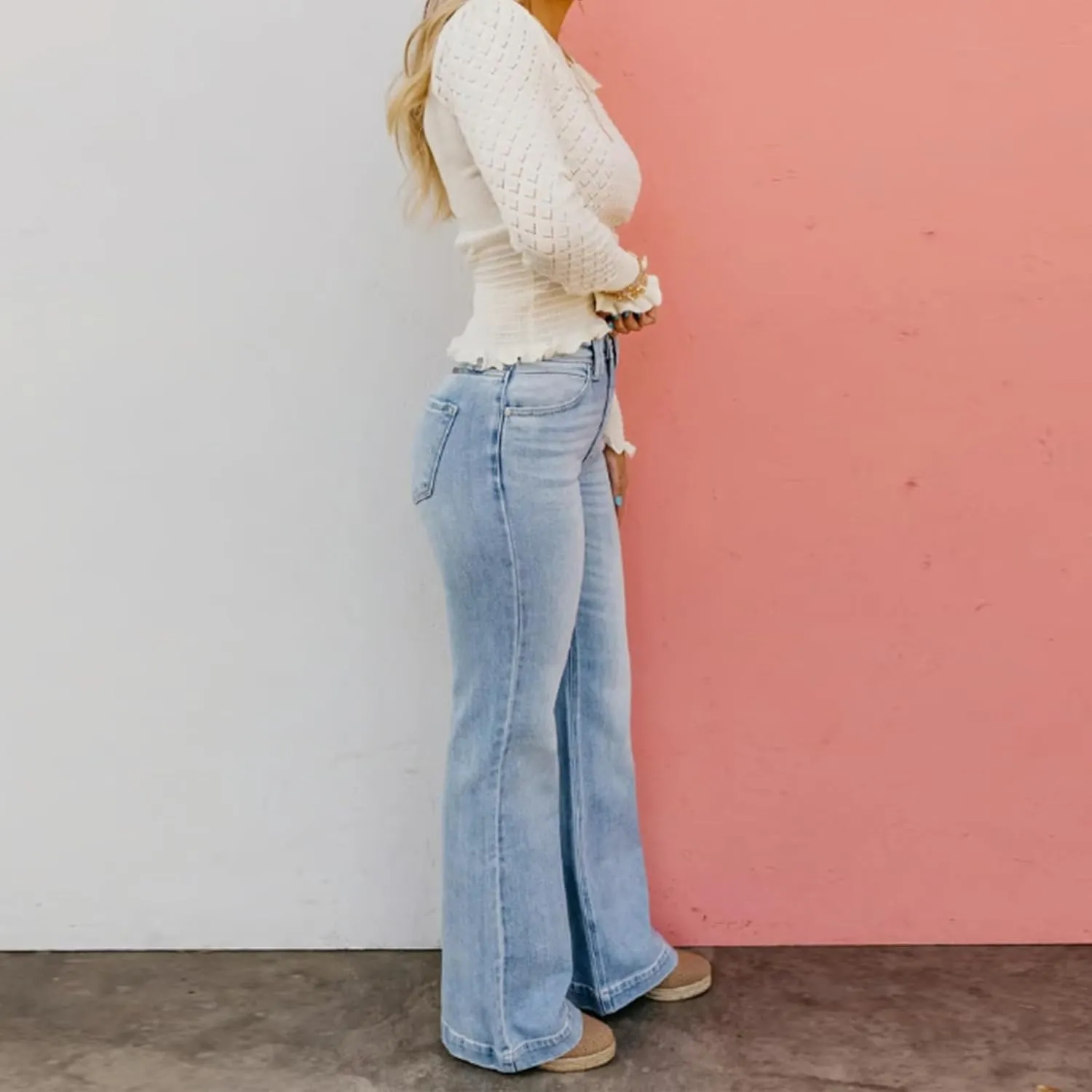 Arisefrom Jeans Plus Size Vintage Wash Tummy Control Stretchy Top Straight Leg Jeans High Rise Bootcut
