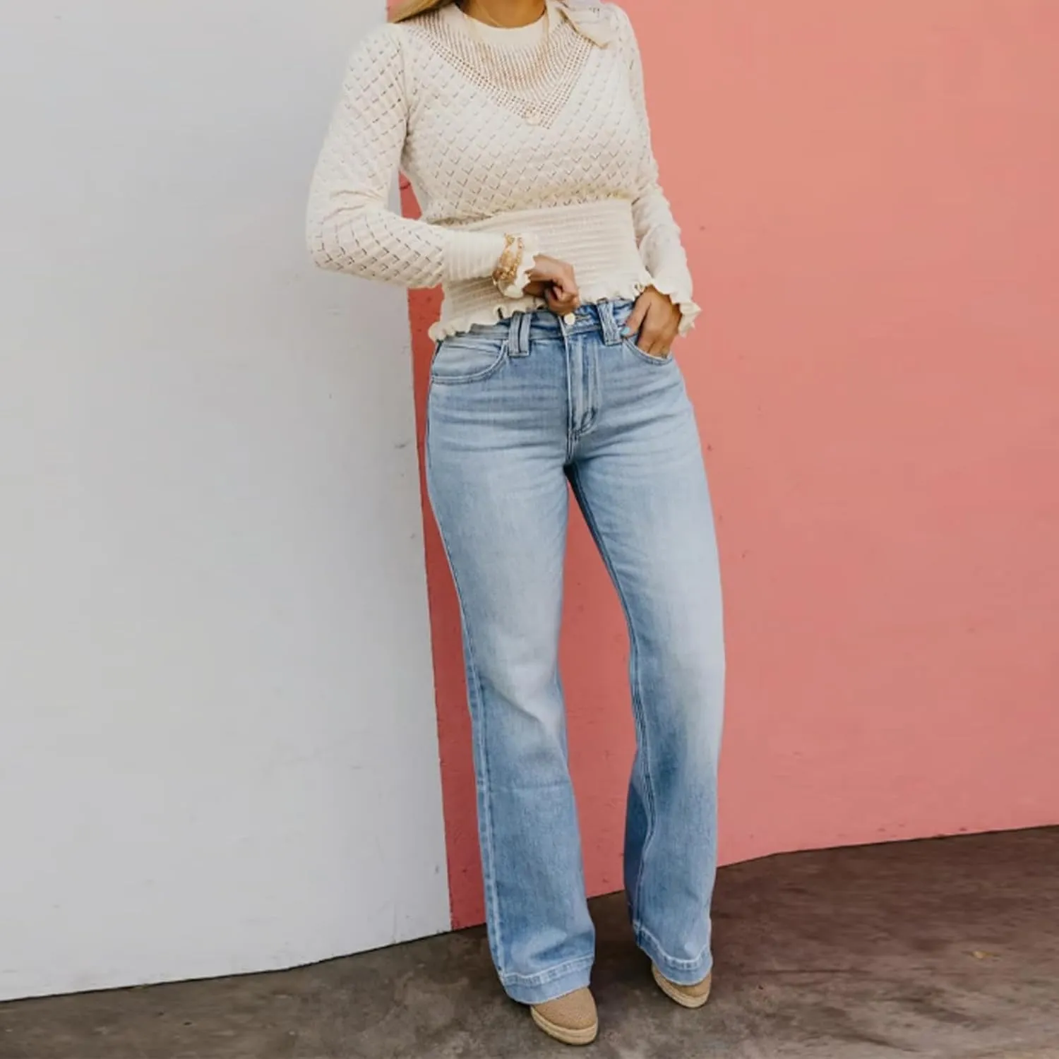 Arisefrom Jeans Plus Size Vintage Wash Tummy Control Stretchy Top Straight Leg Jeans High Rise Bootcut