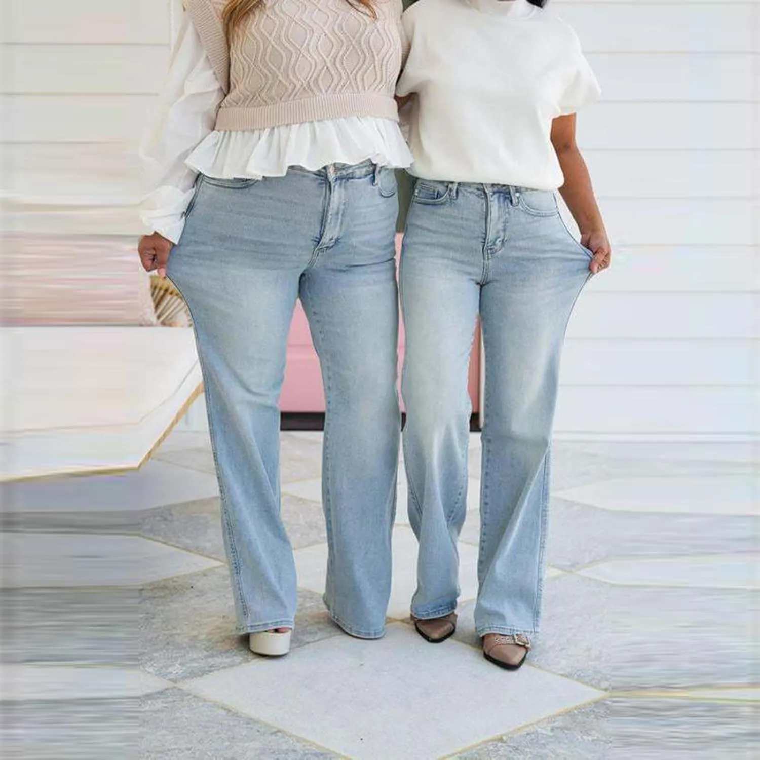 Arisefrom Jeans Plus Size Vintage Wash Tummy Control Stretchy Top Straight Leg Jeans High Rise Bootcut