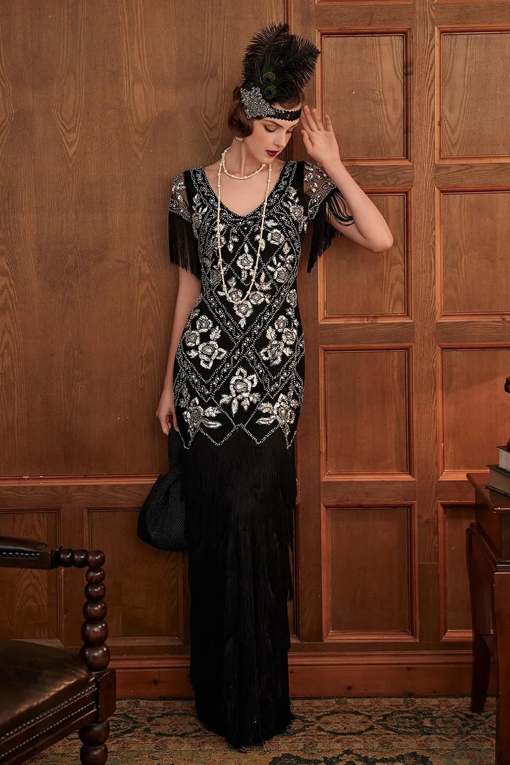 BABEYOND Women's Flapper Dress 1920s V-Neck Evening Gown Sequin Beaded Maxi Dress for Wedding Black Silver