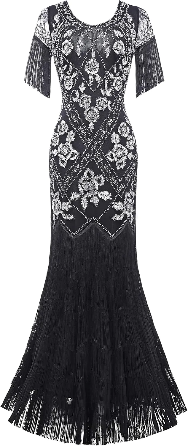 BABEYOND Women's Flapper Dress 1920s V-Neck Evening Gown Sequin Beaded Maxi Dress for Wedding Black Silver