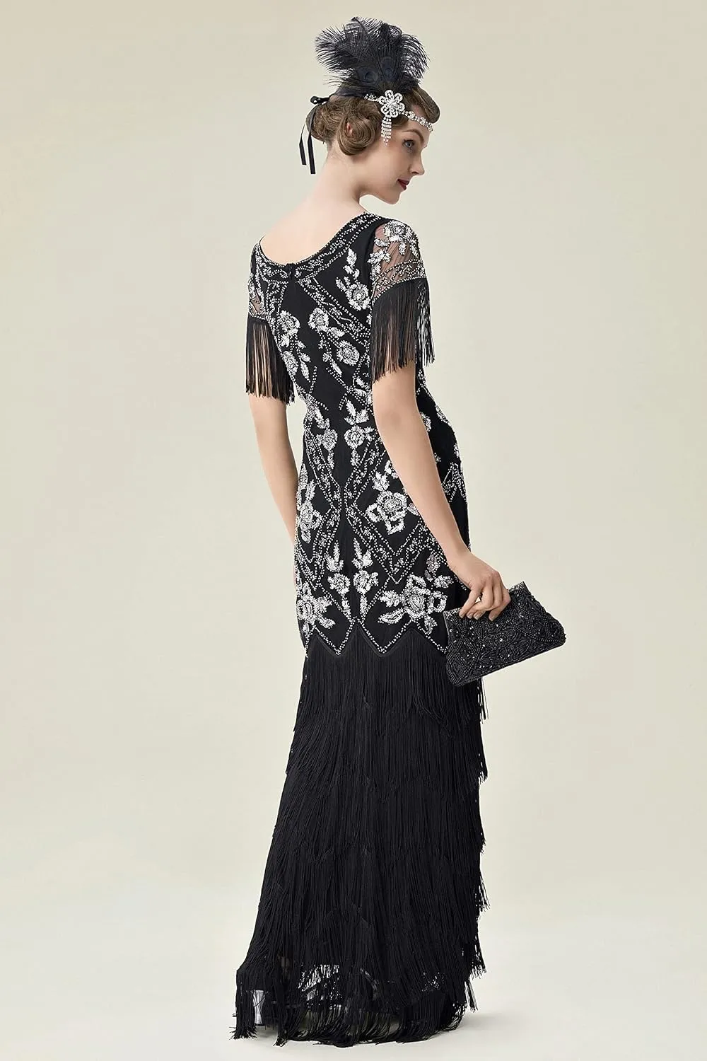 BABEYOND Women's Flapper Dress 1920s V-Neck Evening Gown Sequin Beaded Maxi Dress for Wedding Black Silver
