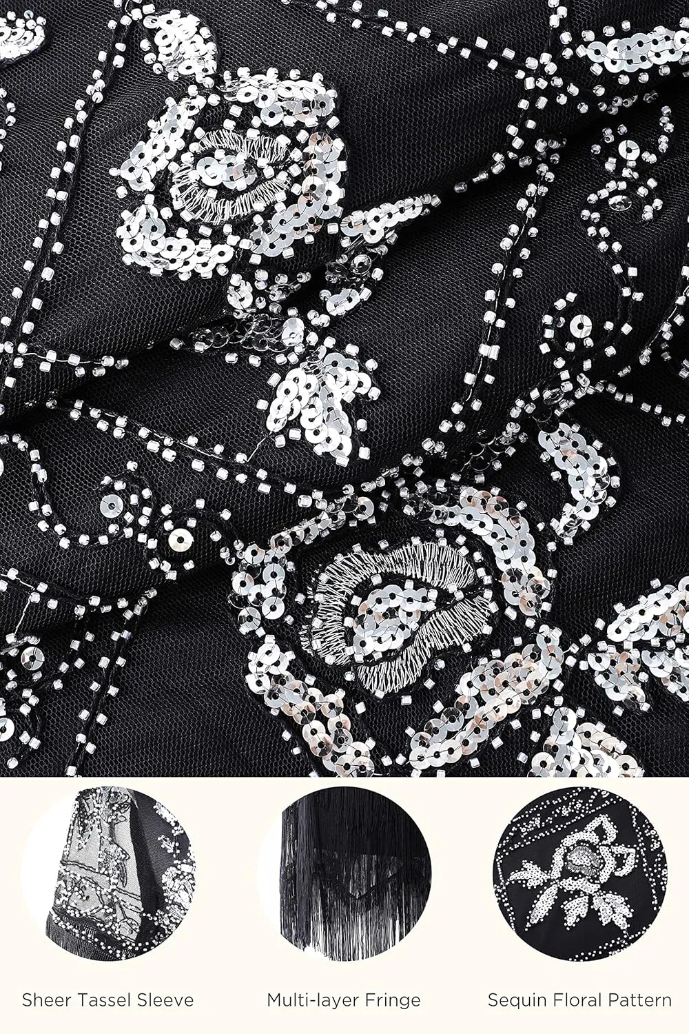 BABEYOND Women's Flapper Dress 1920s V-Neck Evening Gown Sequin Beaded Maxi Dress for Wedding Black Silver