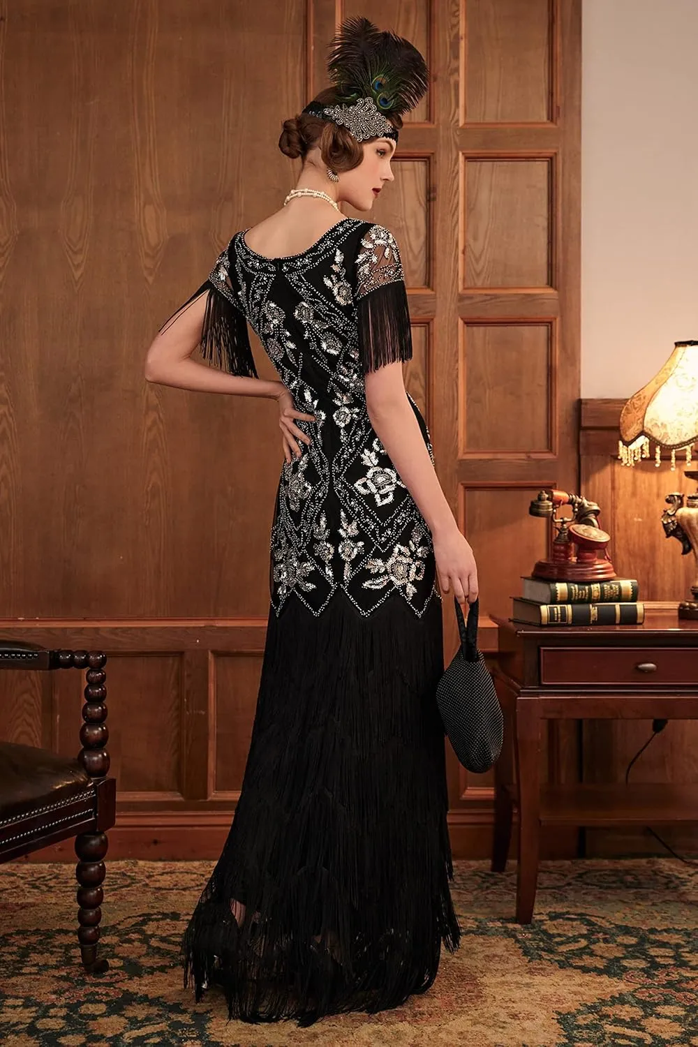 BABEYOND Women's Flapper Dress 1920s V-Neck Evening Gown Sequin Beaded Maxi Dress for Wedding Black Silver