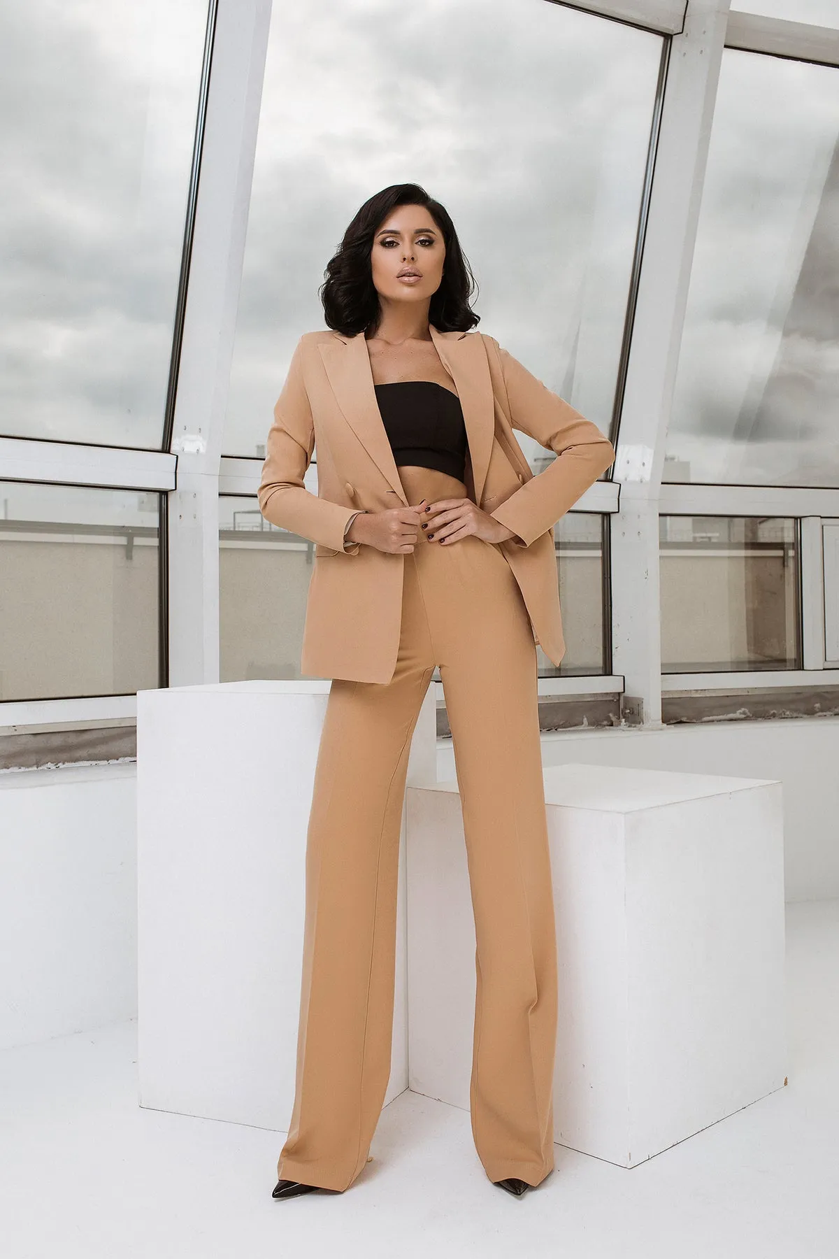 Beige Belted Double Breasted Suit 2-Piece