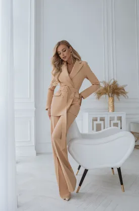 Beige Belted Double Breasted Suit 2-Piece