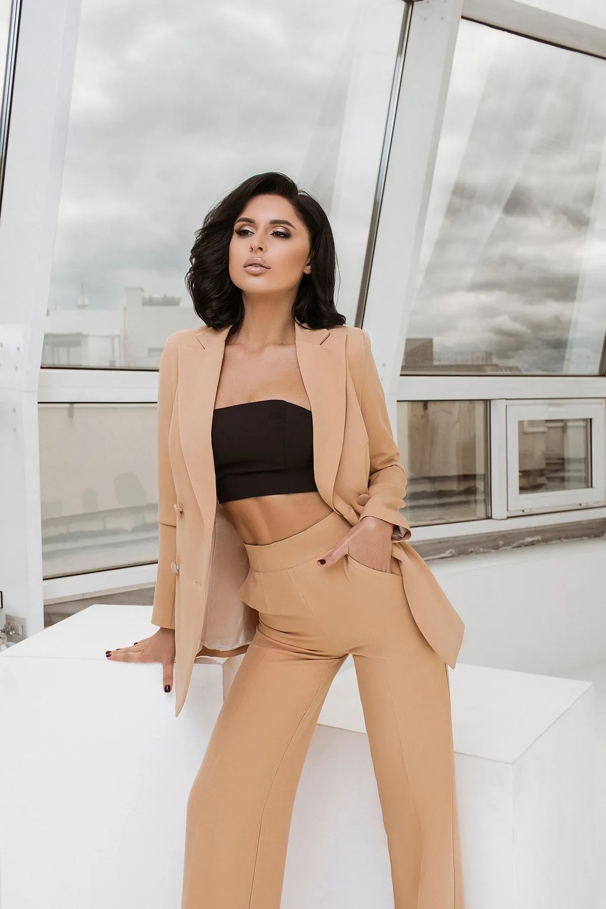 Beige Belted Double Breasted Suit 2-Piece
