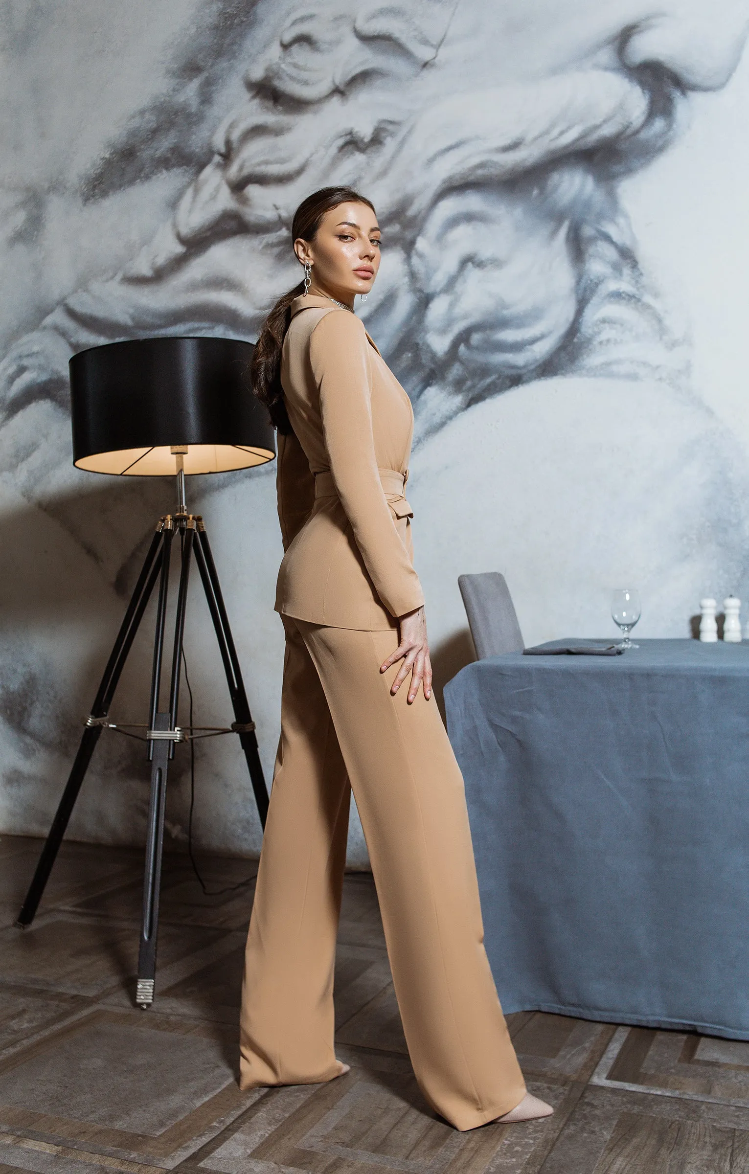 Beige Belted Double Breasted Suit 2-Piece