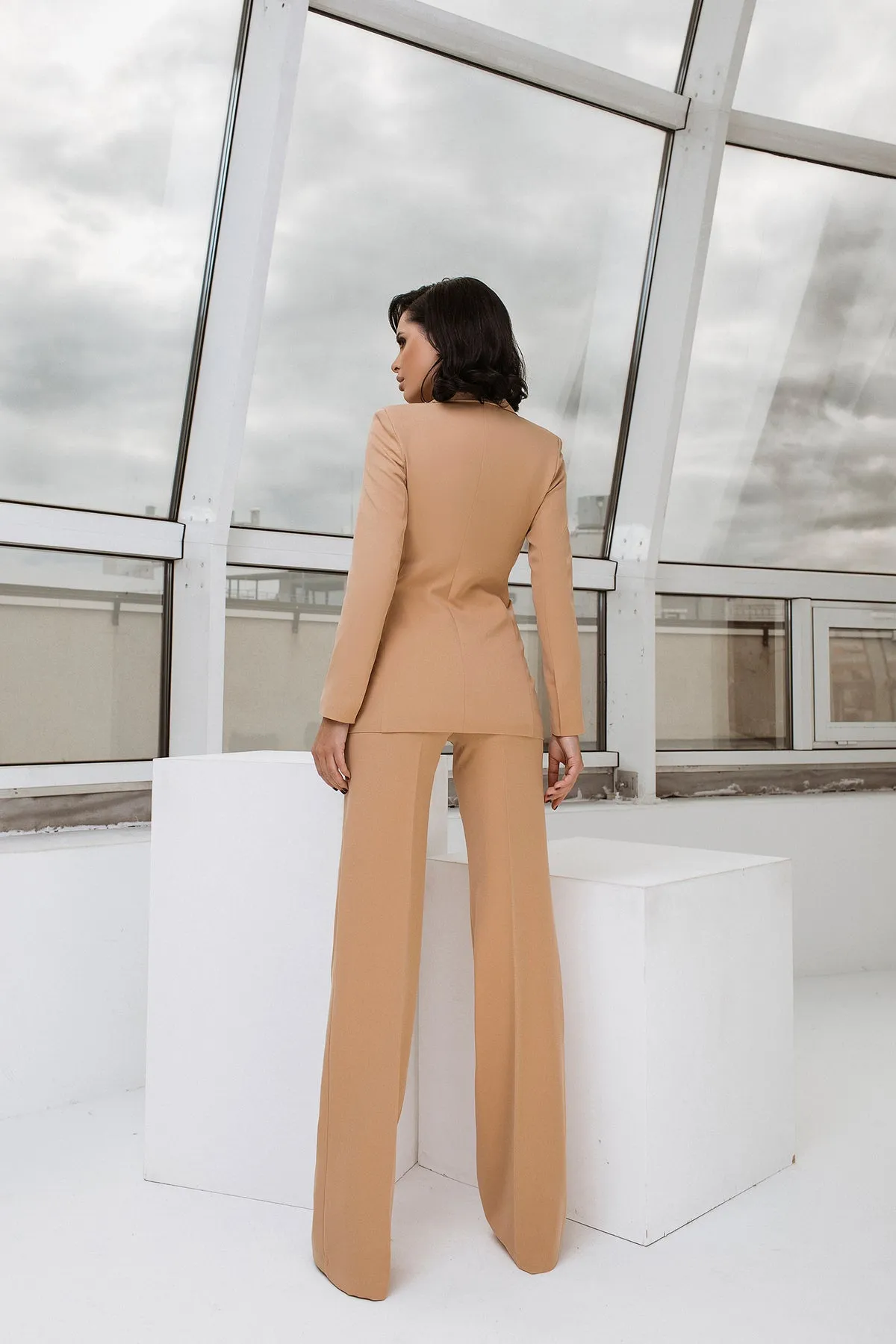 Beige Belted Double Breasted Suit 2-Piece